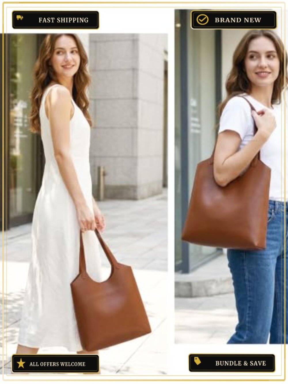 Vegan Leather Lightweight Tote Bag with Pockets - Picture 3 of 6
